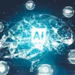 Robotic hands around a glowing AI brain graphic.