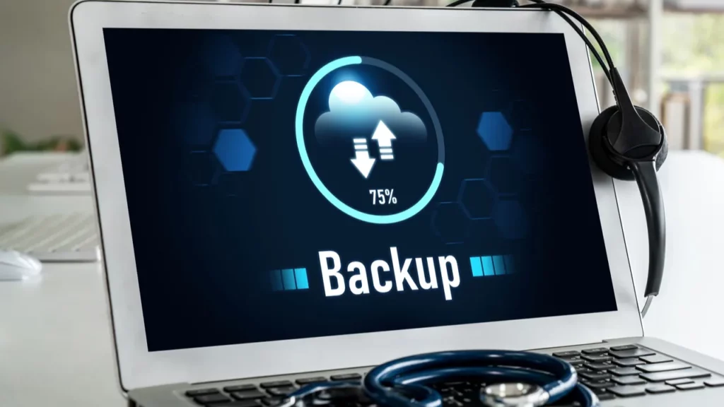 Tablet showing 75% cloud backup progress.