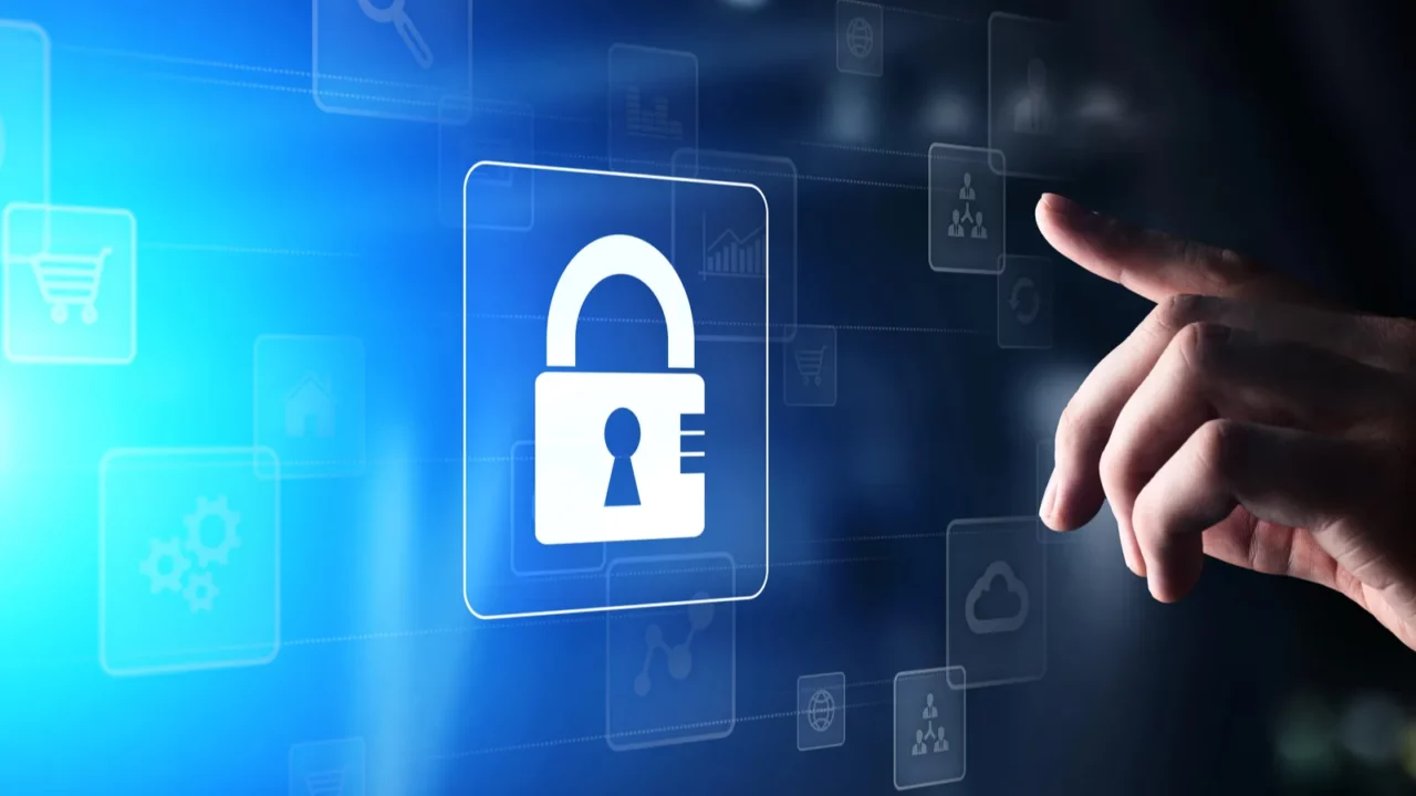 A logo of man touching pad lock in cyber world.