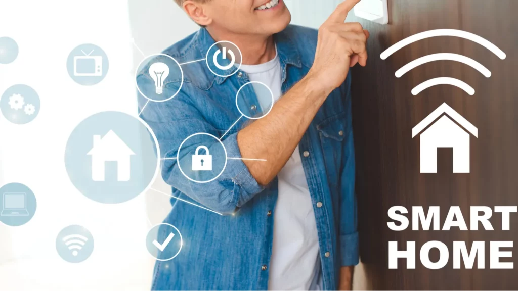 happy man using smart house control panel at new home
