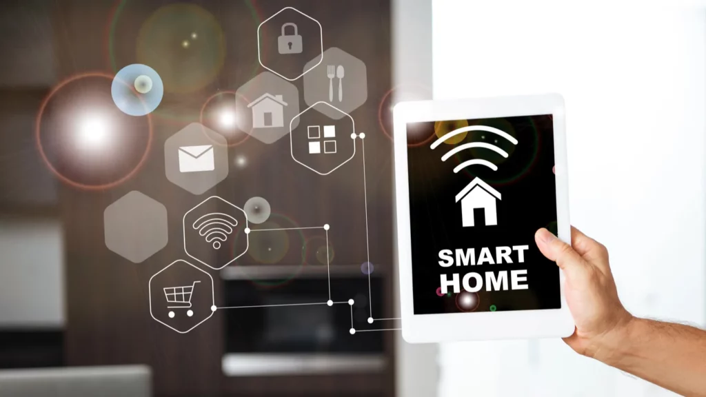 A person holding tablet that controls smart home.