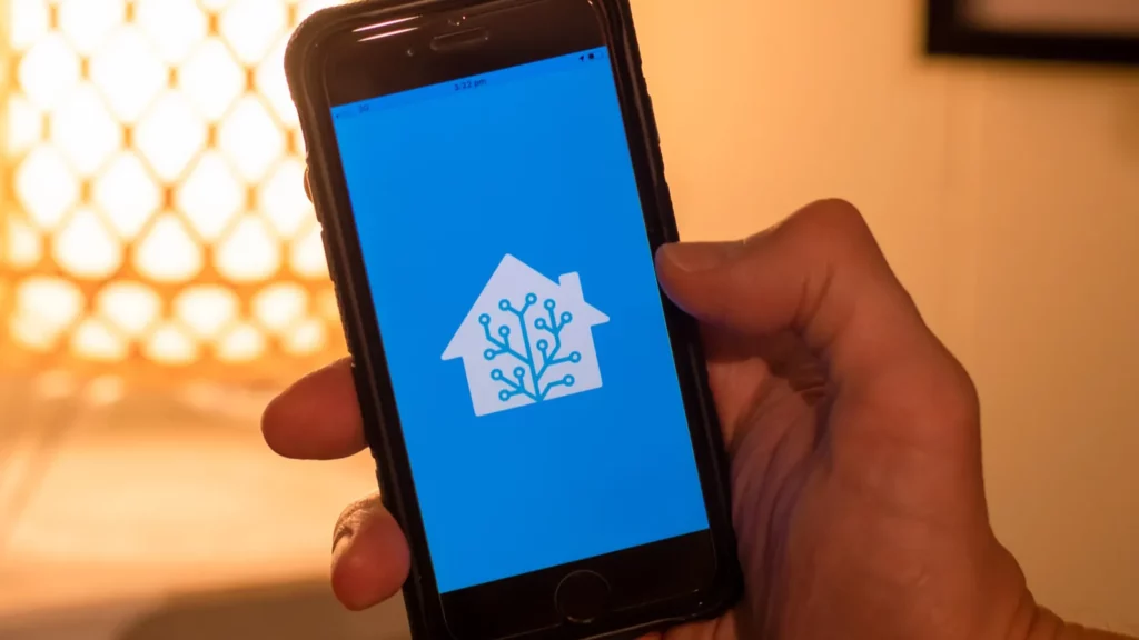 Vyras laiko išmanųjį telefoną su namų asistentu.