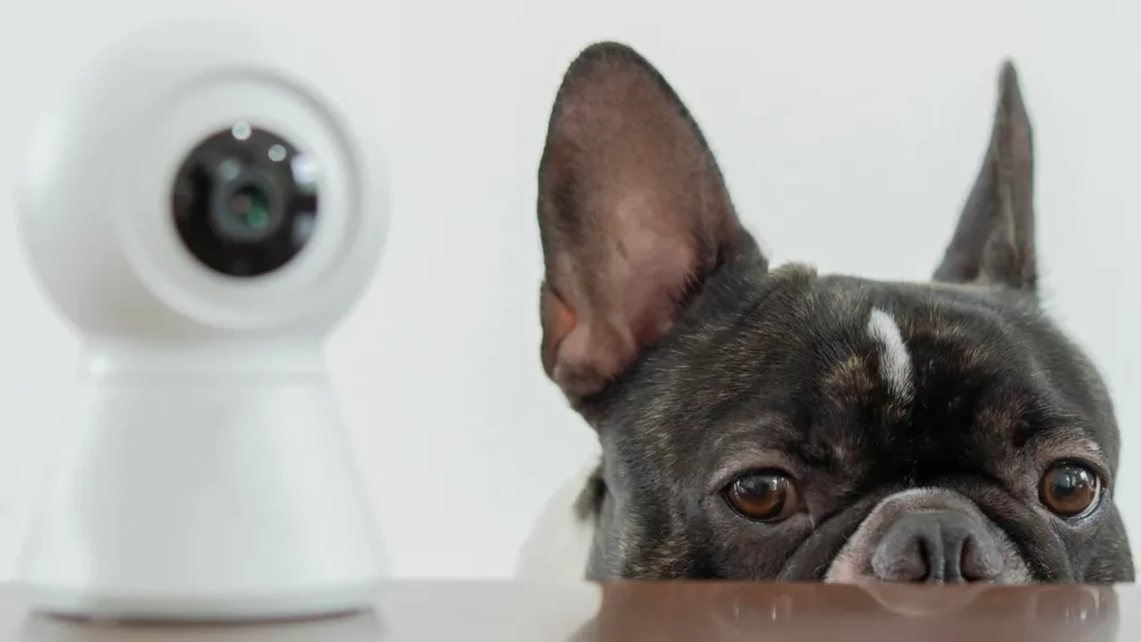 Dog next to security camera