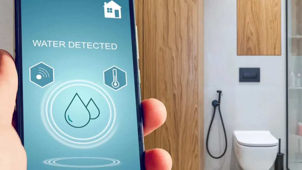 Hand holding smart phone with water leak detector application