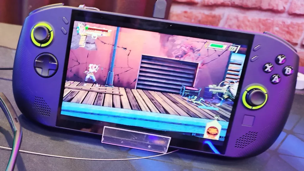 Handheld gaming device showing gameplay.