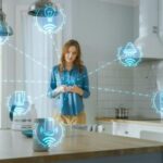 Woman using smart home devices in a modern kitchen.