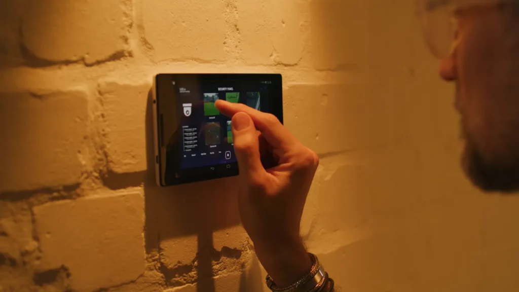 Vyras tikrina apsaugos kamerą per „Smart Home Hub“ planšetinį kompiuterį