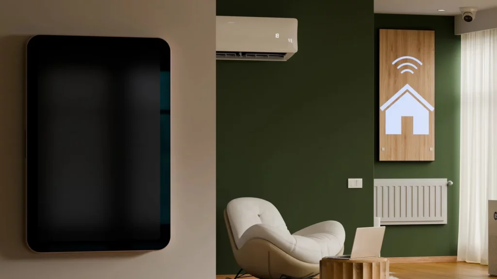 Smart home technology concept with digital control panel on wall