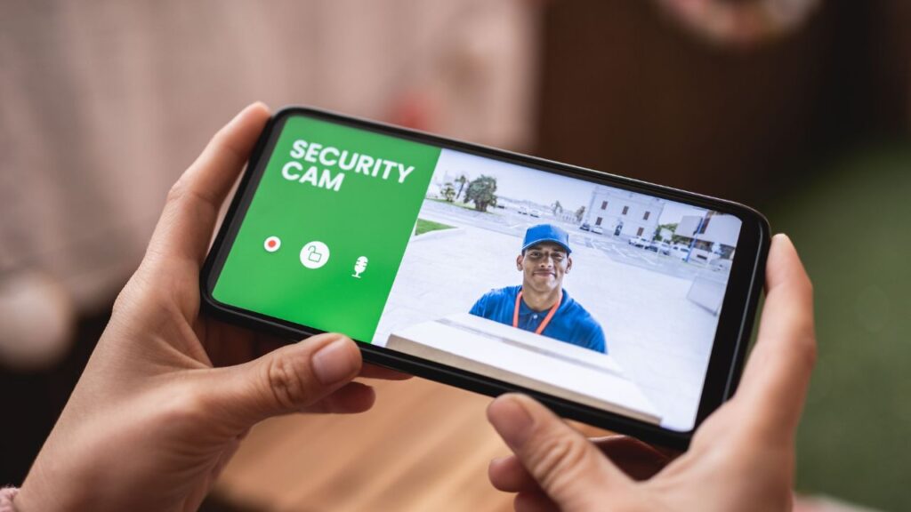 Phone showing security cam feed.