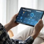 Person using a smart home tablet.