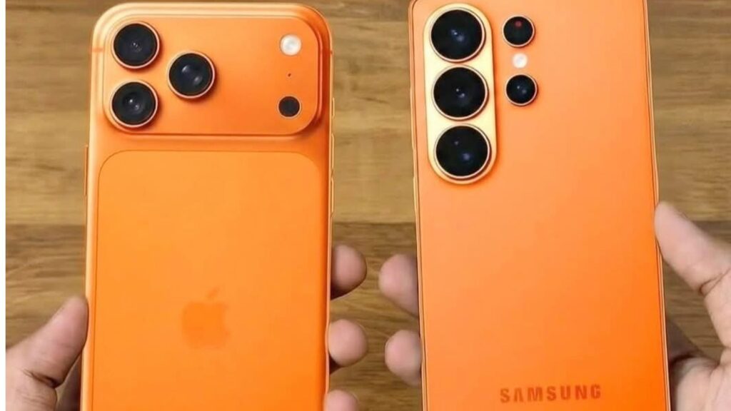 Oranžinio „iPhone 17 Pro“ ir oranžinio „Samsung S22 Ultra“ nugarėlė.