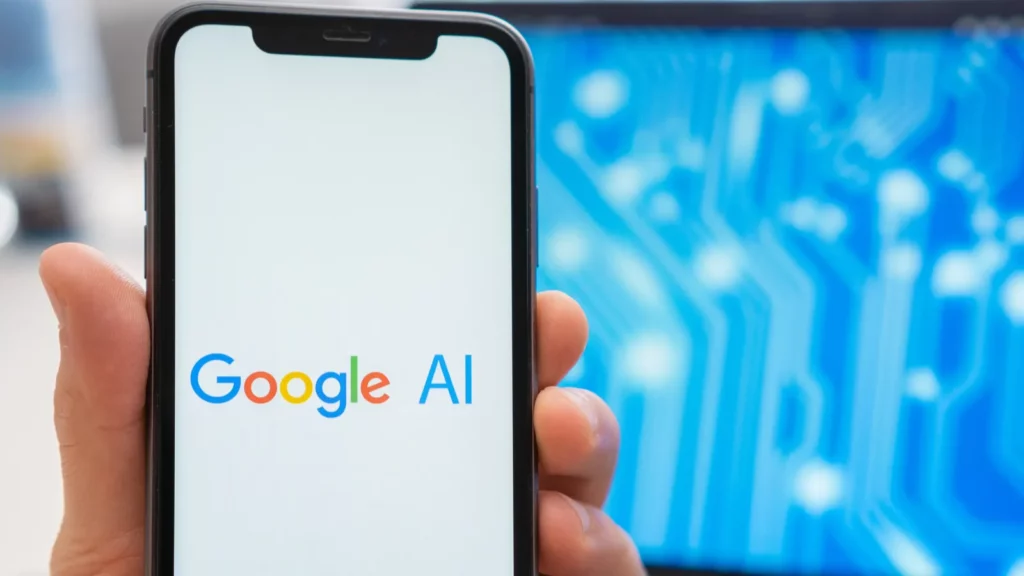 Vyras, laikantis išmanųjį telefoną su google ai.