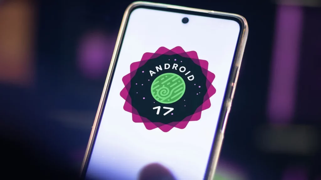 „Android 17s“ kūrėjo peržiūros logotipas telefone.